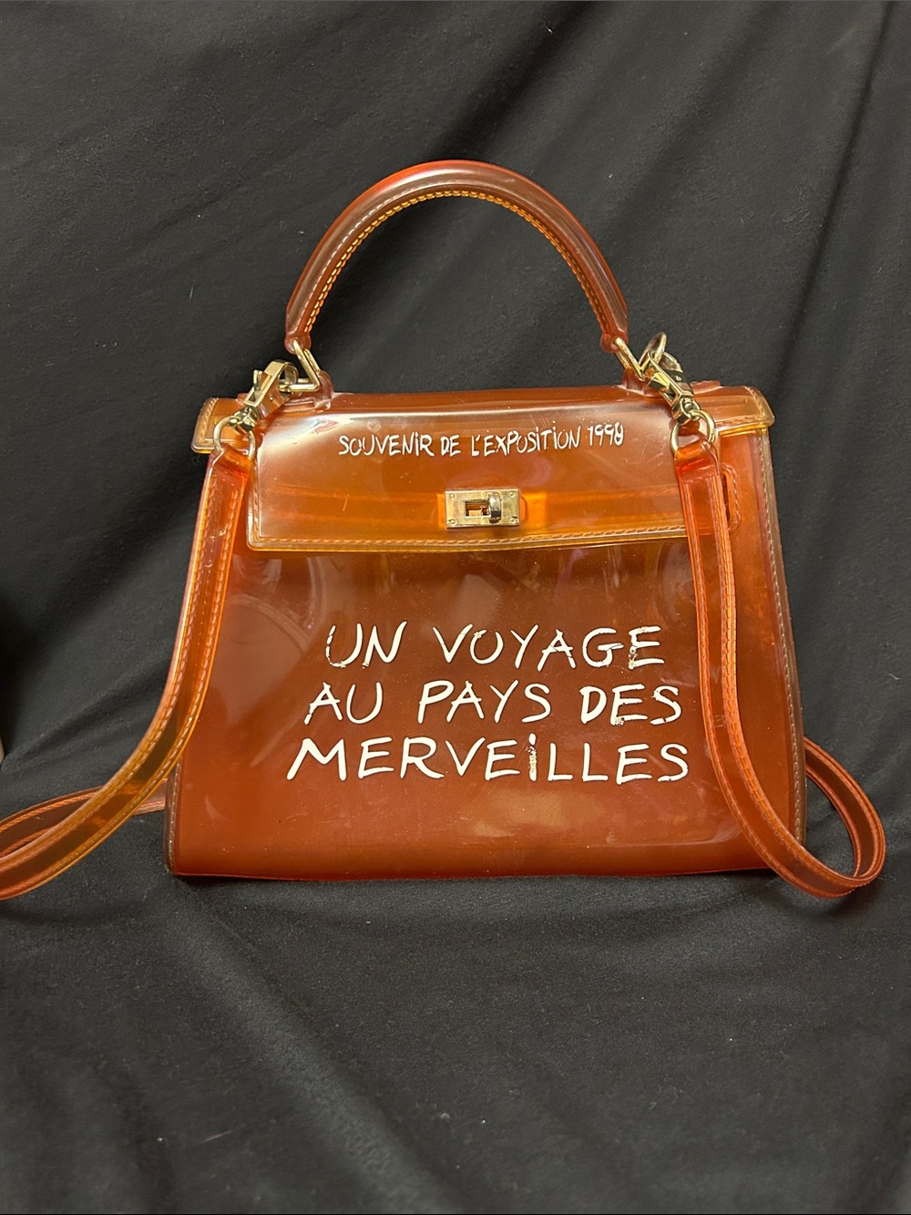 Hermes Orange Clear Top-Handle “Kelly”Shoulder Bag with White Script
